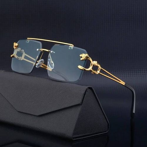 Rimless cut edge sunglasses for men and women with leopard head frame design.