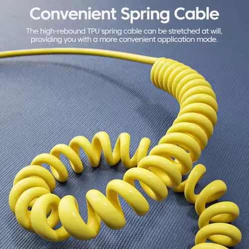 The 65W spring data cable for car super fast charging is a four-in-one telescopic cable suitable for both Apple and Android phones