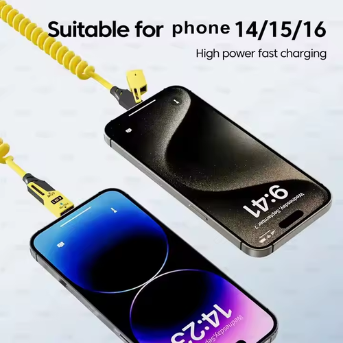 The 65W spring data cable for car super fast charging is a four-in-one telescopic cable suitable for both Apple and Android phones