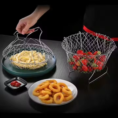 Food-grade stainless steel foldable steam-rinsing strain frying filter, kitchen cooking tool basket