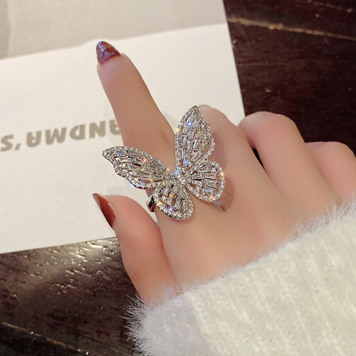 🎁Shiny crystal butterfly knuckle ring open loop fine jewelry zircon diamond 3D butterfly ring for girls and women as a gift