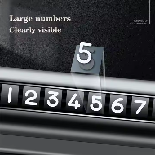 Temporary parking card for cars, rotating phone number plate with broken window hammer mark
