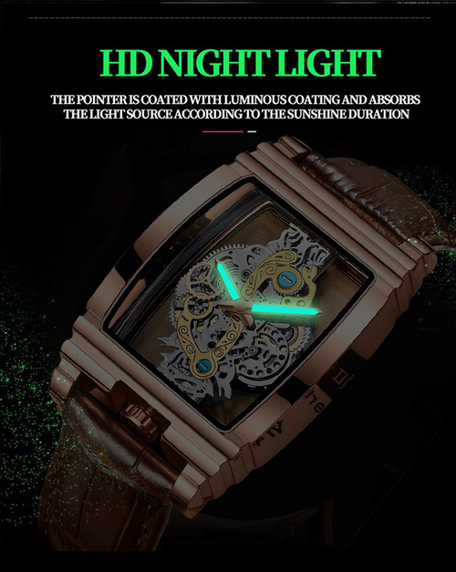 Square luxury men's gold tourbillon skeleton quartz watch for men📍