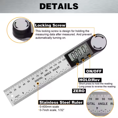 Display goniometer, 2-in-1 Angle gauge, measuring tool, stainless steel 200mm, 300mm ruler, digital protractor, goniometer