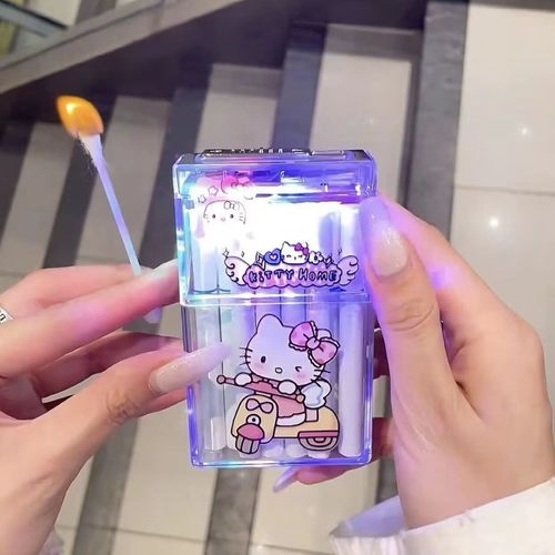 Acrylic cute cartoon Hello Kitty kuromi cigarette box, USB flash drive, lighter, tungsten ignition, transparent cigarette box🚬🎆
