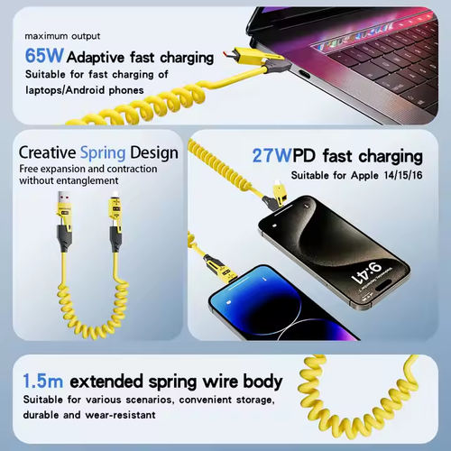 The 65W spring data cable for car super fast charging is a four-in-one telescopic cable suitable for both Apple and Android phones