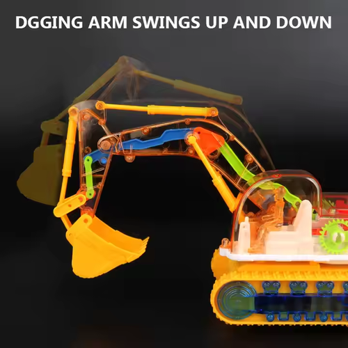 Children's electric transparent gear excavator, universal music and light educational toy, boy engineering vehicle