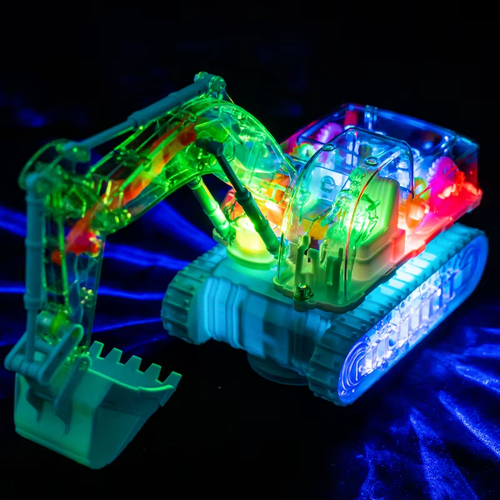 Children's electric transparent gear excavator, universal music and light educational toy, boy engineering vehicle