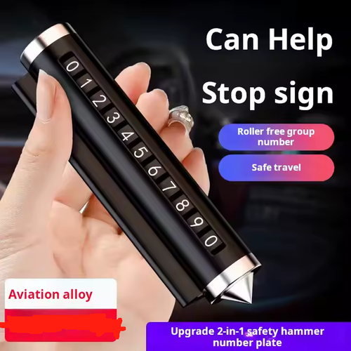 Temporary parking card for cars, rotating phone number plate with broken window hammer mark