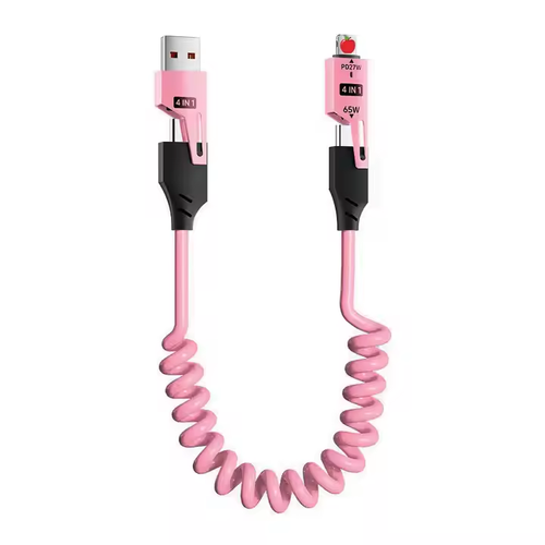 The 65W spring data cable for car super fast charging is a four-in-one telescopic cable suitable for both Apple and Android phones