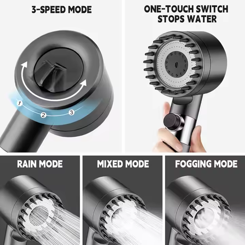 Multifunctional handheld showerhead with adjustable water pressure, featuring a switch filter and massage function