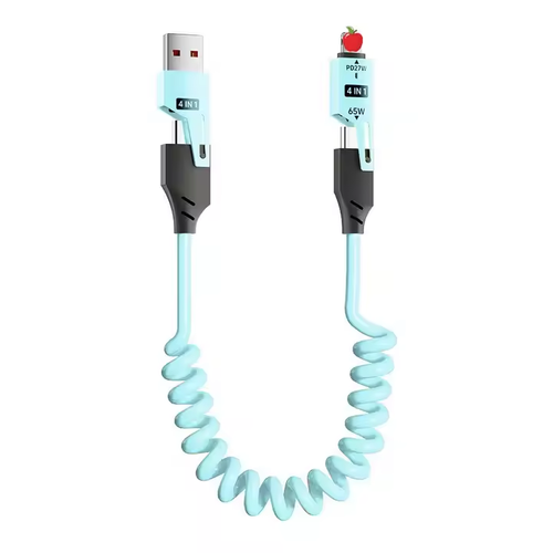 The 65W spring data cable for car super fast charging is a four-in-one telescopic cable suitable for both Apple and Android phones