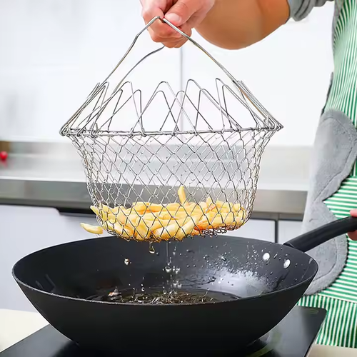 Food-grade stainless steel foldable steam-rinsing strain frying filter, kitchen cooking tool basket
