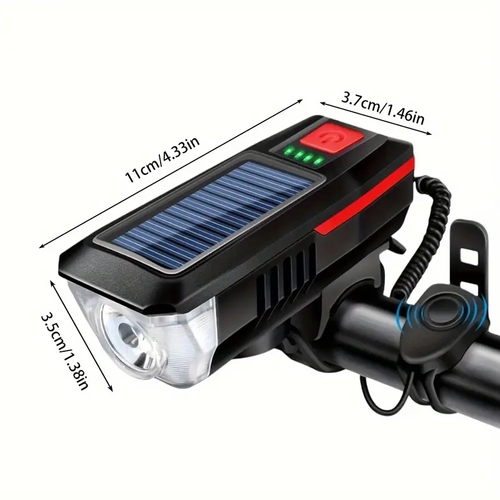 Solar LED bicycle lamp, equipped with a 126dB speaker, with a lighting range of 7,874.02 inches, USB rechargeable, enhances safety while riding, and serves as decorative lighting for adult bicycles and electric scooters.