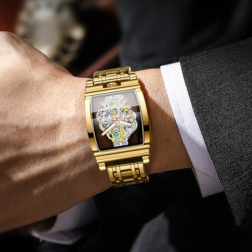 Square luxury men's gold tourbillon skeleton quartz watch for men📍