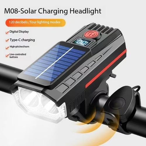 Solar LED bicycle lamp, equipped with a 126dB speaker, with a lighting range of 7,874.02 inches, USB rechargeable, enhances safety while riding, and serves as decorative lighting for adult bicycles and electric scooters.