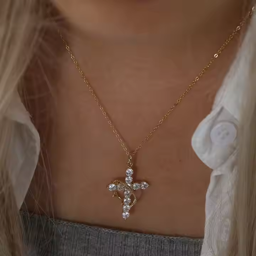 😍Women's upgraded 14k gold-plated crown cross pendant necklace, simple diamond gold necklace, Holy Light jewelry, faith💞💫