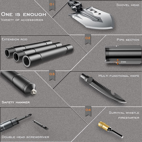 Zune Lotoo Survival Shovel multi-functional Tool 28-in-1 luxury set, tactical camping folding shovel, martensitic steel that is not easily damaged, adjustable at 7 angles, 24-35.4 inches in length, compact equipment suitable for outdoor hiking emergencies