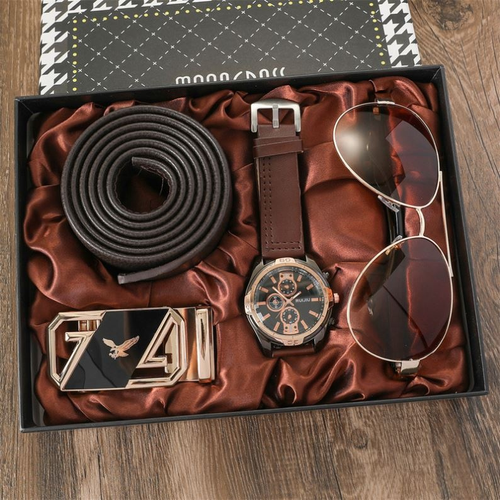 Fashion Luxurious Gift Business Box Belt Wallet Eyeglasses 4-Item Set Leather Watch Quartz Men's Watch Men's Set