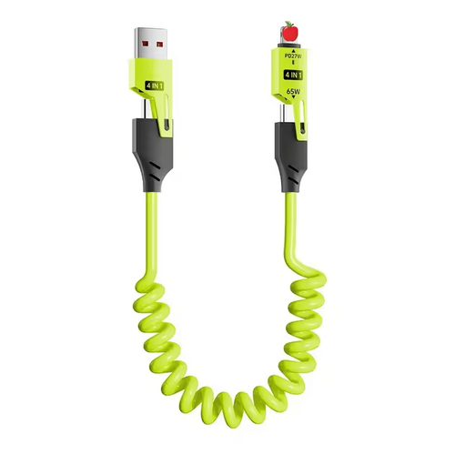 The 65W spring data cable for car super fast charging is a four-in-one telescopic cable suitable for both Apple and Android phones