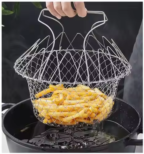 Food-grade stainless steel foldable steam-rinsing strain frying filter, kitchen cooking tool basket