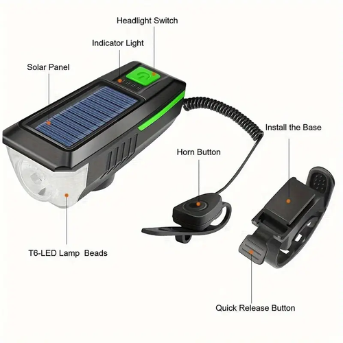 Solar LED bicycle lamp, equipped with a 126dB speaker, with a lighting range of 7,874.02 inches, USB rechargeable, enhances safety while riding, and serves as decorative lighting for adult bicycles and electric scooters.