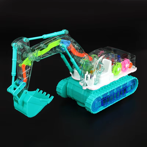 Children's electric transparent gear excavator, universal music and light educational toy, boy engineering vehicle
