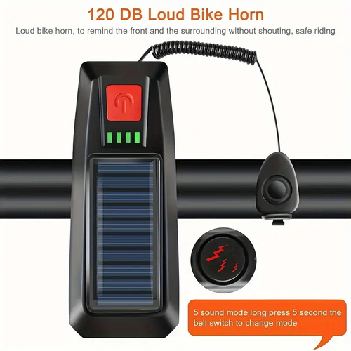 Solar LED bicycle lamp, equipped with a 126dB speaker, with a lighting range of 7,874.02 inches, USB rechargeable, enhances safety while riding, and serves as decorative lighting for adult bicycles and electric scooters.