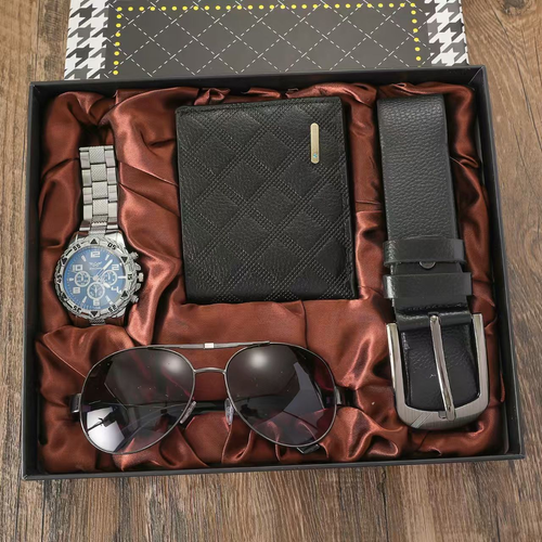 Fashion Luxurious Gift Business Box Belt Wallet Eyeglasses 4-Item Set Leather Watch Quartz Men's Watch Men's Set