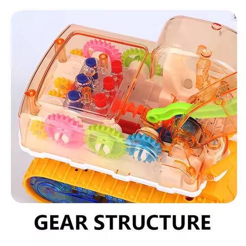 Children's electric transparent gear excavator, universal music and light educational toy, boy engineering vehicle
