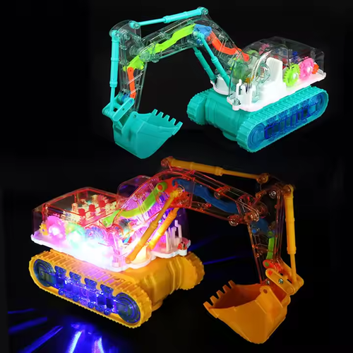 Children's electric transparent gear excavator, universal music and light educational toy, boy engineering vehicle