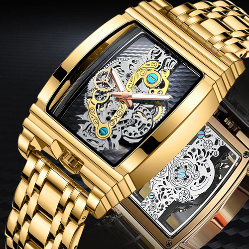 Square luxury men's gold tourbillon skeleton quartz watch for men📍