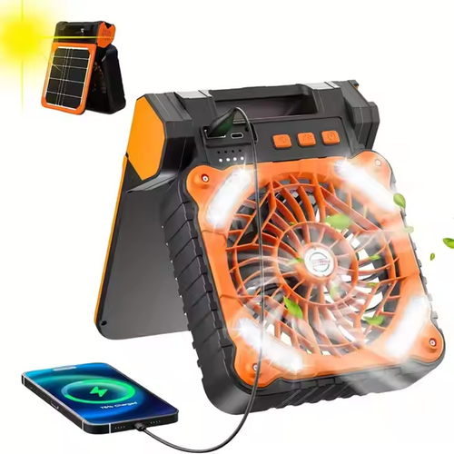 Solar-powered multi-purpose fan, capable of storing electricity for charging and lighting