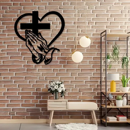 Elegant Metal Christian Heart & Cross Wall Art, Praying Hands Design, Indoor Outdoor Iron Sculpture, Perfect for Living Room Garden Office Farmhouse Decor