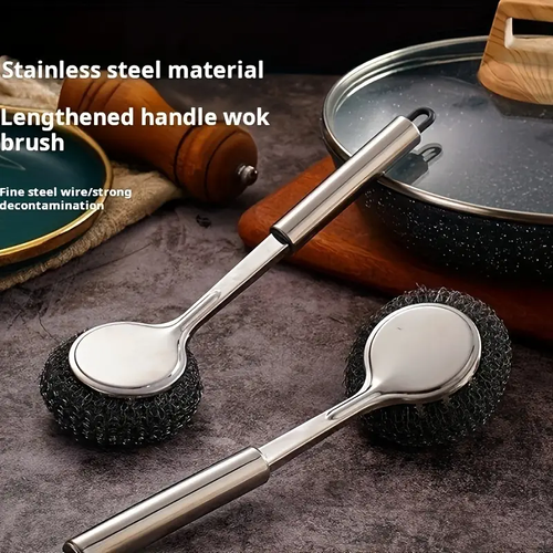 📍Stainless steel dish scrubber - kitchen-specific cleaning brush. Dish scrubber with handle, safe for hands and pots. Ideal for restaurant dishwashing and pot cleaning.😌
