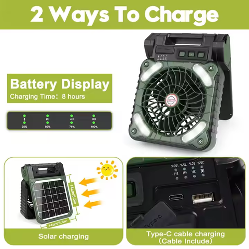 Solar-powered multi-purpose fan, capable of storing electricity for charging and lighting
