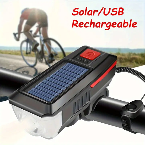 Solar LED bicycle lamp, equipped with a 126dB speaker, with a lighting range of 7,874.02 inches, USB rechargeable, enhances safety while riding, and serves as decorative lighting for adult bicycles and electric scooters.