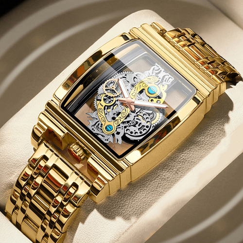 Square luxury men's gold tourbillon skeleton quartz watch for men📍