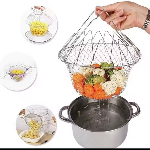 Food-grade stainless steel foldable steam-rinsing strain frying filter, kitchen cooking tool basket