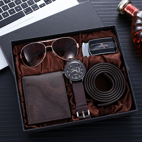 Fashion Luxurious Gift Business Box Belt Wallet Eyeglasses 4-Item Set Leather Watch Quartz Men's Watch Men's Set