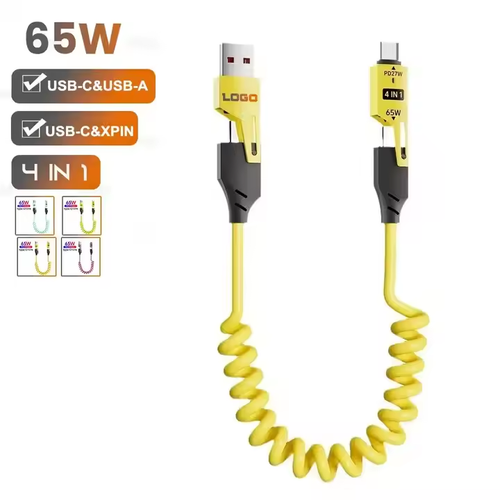 The 65W spring data cable for car super fast charging is a four-in-one telescopic cable suitable for both Apple and Android phones