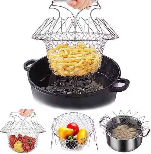 Food-grade stainless steel foldable steam-rinsing strain frying filter, kitchen cooking tool basket