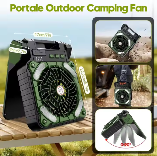 Solar-powered multi-purpose fan, capable of storing electricity for charging and lighting
