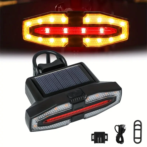 😏Safe bicycle tail light, solar bicycle tail light with 5 lighting modes, solar and USB charging, high-brightness night riding warning light, suitable for night riding, walking, camping, and outdoor activities.