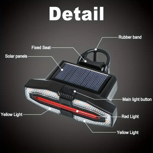 😏Safe bicycle tail light, solar bicycle tail light with 5 lighting modes, solar and USB charging, high-brightness night riding warning light, suitable for night riding, walking, camping, and outdoor activities.