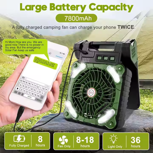 Solar-powered multi-purpose fan, capable of storing electricity for charging and lighting