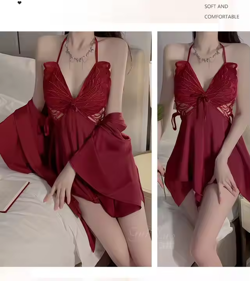 The summer ice silk lace V-neck and bow tie cool nightgown has an amazing feel and allows you to sleep soundly