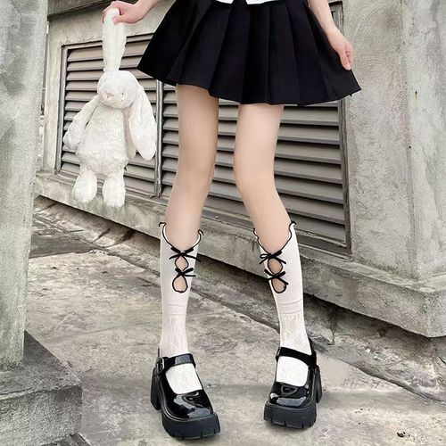 🤩Japanese-style lace mesh stockings for girls, JK style, double-layer, thin, with frills and bowknots, short mid-calf white stockings for spring and summer.🎀