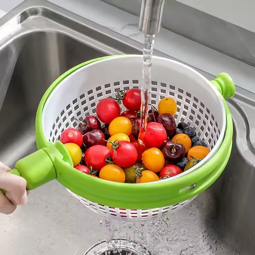 Multi-functional salad, vegetable and fruit rotating spin drying and draining basket kitchen rotating dehydrator