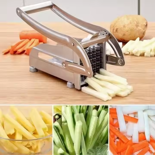 Fruit and vegetable tools: French fries, Onions, cucumbers, vegetables, carrots, potatoes, and a slicer